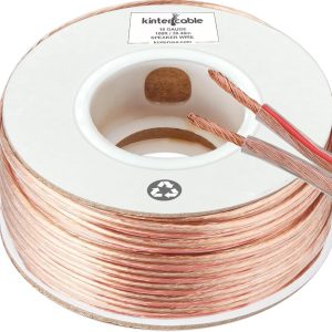 Kinter Cable 100ft 16-Gauge Audio Stereo Speaker Wire Cable, 100 Feet, 30.48 Meters, 2 Conductor, Polarity Marked, Flexible Clear PVC, CCA, Home Theater, HiFi, Surround or Auto Amps