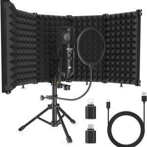Studio Recording Microphone Isolation Shield with Pop Filter and Metal Tripod Stand, Studio Mic to PC Laptop Smartphone, Music Microphone for Recording Singing Podcasting